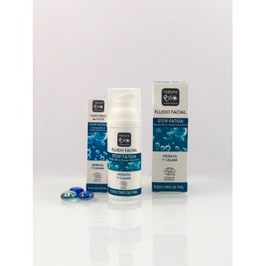 Completa tu rutina de cuidado facial con el sérum, contorno de ojos y el Fluido Hidratante Stop Fatiga NaturaBIO Cosmetics.