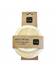 El Disco Facial Lufa & Algodón 2uds NaturaBIO Cosmetics está elaborada con lufa 100% natural de Egipto y algodón.
