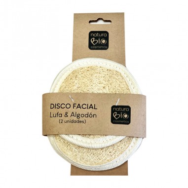 El Disco Facial Lufa & Algodón 2uds NaturaBIO Cosmetics está elaborada con lufa 100% natural de Egipto y algodón.