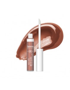 Brillo de labios intenso Water Gloss 01 Cocoa de lavera con aplicador y textura marrón brillante
