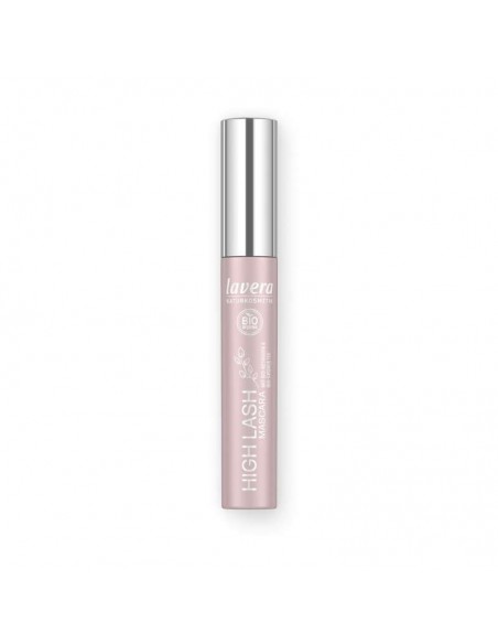 Máscara de pestañas High Lash Black de lavera con cepillo aplicador y envase rosa metalizado
