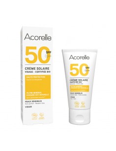 Crema solar facial SPF50 Acorelle, protección alta contra los rayos solares para pieles sensibles.
