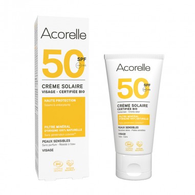 Crema solar facial SPF50 Acorelle, protección alta contra los rayos solares para pieles sensibles.