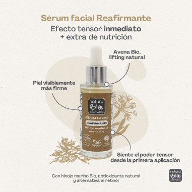 Infografía beneficios sérum facial natural reafirmante NaturaBIO Cosmetics, marca de cosmética natural certificada.