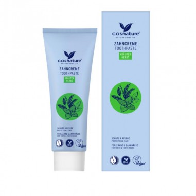 Pasta de Dientes Herbal con Flúor Cosnature: frescura natural y protección completa para una sonrisa saludable.