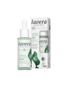 Sérum facial Barrier Balance lavera con prebióticos y té verde Bio, envase verde transparente con caja blanca .