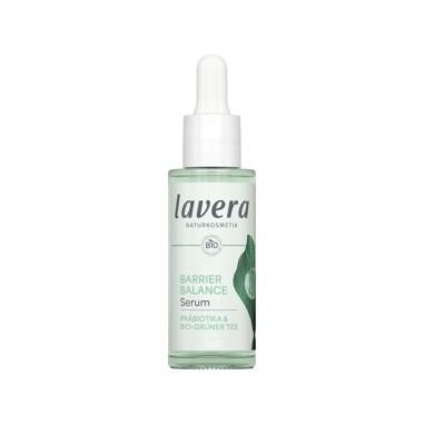 Sérum facial Barrier Balance lavera en envase verde claro con tapón blanco, cosmética natural certificada y vegana. Sérum facial Barrier Balance lavera en envase verde claro con tapón blanco, cosmética natural certificada y vegana.