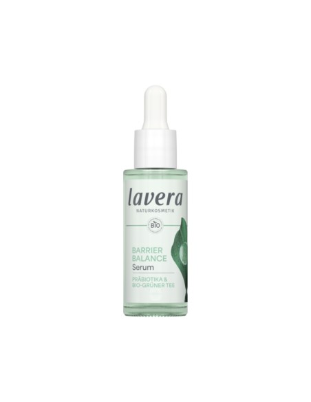 Sérum facial Barrier Balance lavera en envase verde claro con tapón blanco, cosmética natural certificada y vegana. Sérum facial Barrier Balance lavera en envase verde claro con tapón blanco, cosmética natural certificada y vegana.
