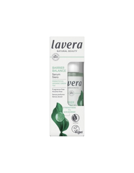 Sérum facial Barrier Balance lavera con prebióticos y té verde Bio, envase verde transparente con caja blanca . Sérum facial Barrier Balance lavera con prebióticos y té verde Bio, envase verde transparente con caja blanca .