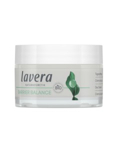 Crema de día Barrier Balance lavera con prebióticos y té verde Bio, envase blanco y caja con hojas verdes, cosmética natural. 2