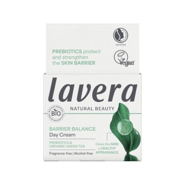 Vista lateral de la Crema de día Barrier Balance lavera mostrando el envase y el diseño ecológico del embalaje. Vista lateral de la Crema de día Barrier Balance lavera mostrando el envase y el diseño ecológico del embalaje.