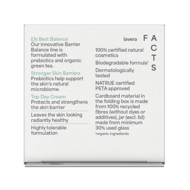 Parte trasera del envase de la Crema de día Barrier Balance lavera con lista de ingredientes y certificaciones Bio Parte trasera del envase de la Crema de día Barrier Balance lavera con lista de ingredientes y certificaciones Bio