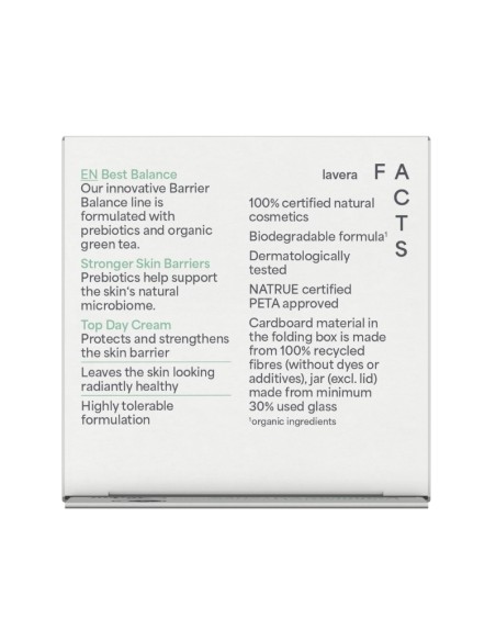 Parte trasera del envase de la Crema de día Barrier Balance lavera con lista de ingredientes y certificaciones Bio Parte trasera del envase de la Crema de día Barrier Balance lavera con lista de ingredientes y certificaciones Bio