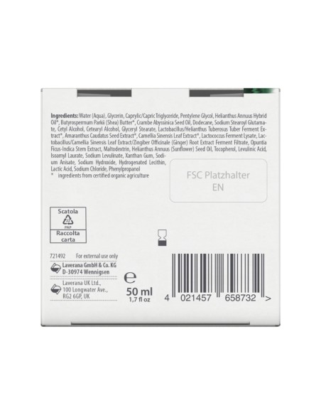 Detalle inferior del envase y la caja de la Crema de día Barrier Balance lavera con información del producto y reciclaje. Detalle inferior del envase y la caja de la Crema de día Barrier Balance lavera con información del producto y reciclaje.