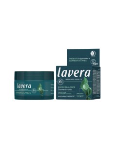Crema de noche Barrier Balance lavera, envase azul oscuro y caja con hojas verdes, cosmética natural