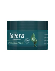 Crema de noche Barrier Balance lavera, envase azul oscuro y caja con hojas verdes, cosmética natural 2