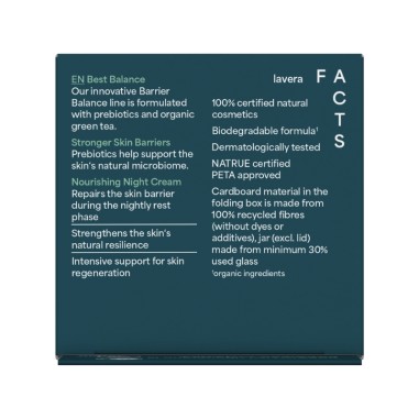 Parte trasera de la Crema de noche Barrier Balance lavera con lista de ingredientes y certificaciones ecológicas. Parte trasera de la Crema de noche Barrier Balance lavera con lista de ingredientes y certificaciones ecológicas.