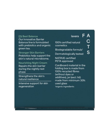 Parte trasera de la Crema de noche Barrier Balance lavera con lista de ingredientes y certificaciones ecológicas. Parte trasera de la Crema de noche Barrier Balance lavera con lista de ingredientes y certificaciones ecológicas.