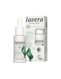 Contorno de ojos crema Barrier Balance lavera con prebióticos y té verde Bio, envase blanco con caja verde claro.