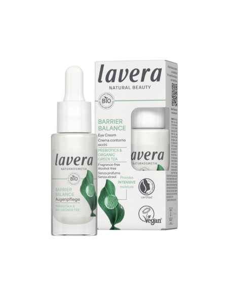 Contorno de ojos crema Barrier Balance lavera con prebióticos y té verde Bio, envase blanco con caja verde claro. Contorno de ojos crema Barrier Balance lavera con prebióticos y té verde Bio, envase blanco con caja verde claro.