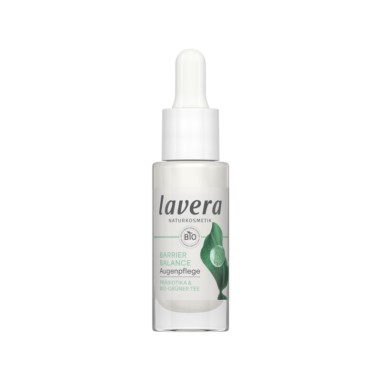 Contorno de ojos crema Barrier Balance lavera en envase blanco con dosificador, fórmula vegana sin perfume ni alcohol. Contorno de ojos crema Barrier Balance lavera en envase blanco con dosificador, fórmula vegana sin perfume ni alcohol.