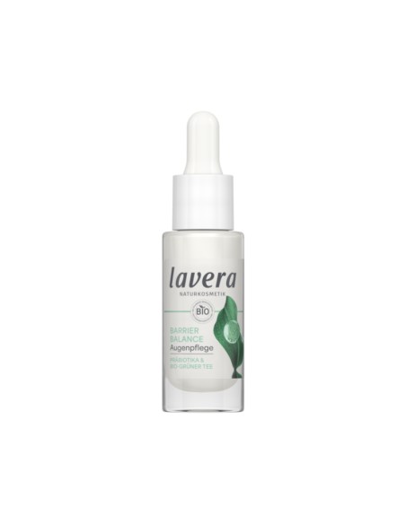 Contorno de ojos crema Barrier Balance lavera en envase blanco con dosificador, fórmula vegana sin perfume ni alcohol. Contorno de ojos crema Barrier Balance lavera en envase blanco con dosificador, fórmula vegana sin perfume ni alcohol.