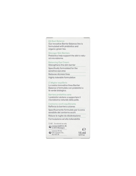 Parte trasera del Contorno de ojos crema Barrier Balance lavera con detalle de ingredientes y certificaciones ecológicas. Parte trasera del Contorno de ojos crema Barrier Balance lavera con detalle de ingredientes y certificaciones ecológicas.