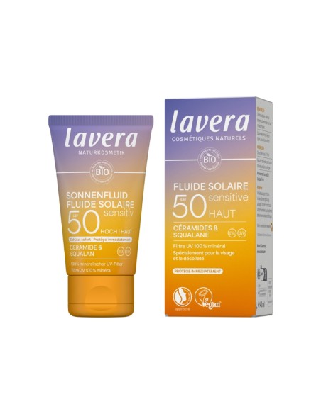 Fluido solar facial Sensitiv SPF 50 de lavera - Protección alta con ingredientes naturales Fluido solar facial Sensitiv SPF 50 de lavera - Protección alta con ingredientes naturales