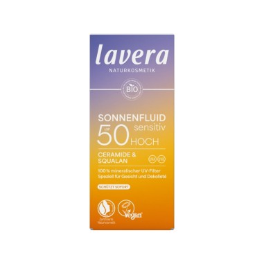 Detalle frontal del tubo del Fluido solar facial Sensitiv SPF 50 lavera con indicación de filtros UV minerales Detalle frontal del tubo del Fluido solar facial Sensitiv SPF 50 lavera con indicación de filtros UV minerales