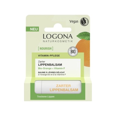 Bálsamo labial natural con naranja y vitamina F Logona para labios secos y sensibles, Bio y nutritivo.