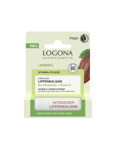 Bálsamo labial natural con manteca de cacao y vitamina E Logona, hidratación intensa para labios secos con cosmética ecológica.