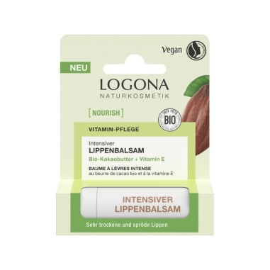 Bálsamo labial natural con manteca de cacao y vitamina E Logona, hidratación intensa para labios secos con cosmética ecológica.