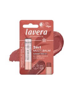 Bálsamo multiusos 3 en 1 Sunset Red 01 de lavera con envase rosa y textura rojiza, ideal para labios, mejillas y párpados