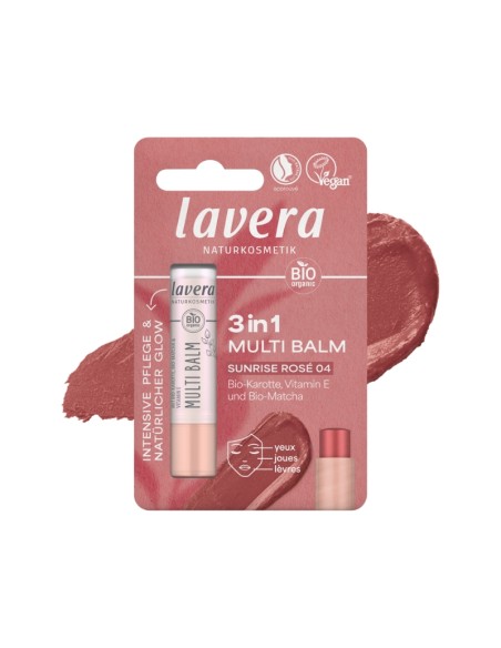 Bálsamo multiusos 3 en 1 Sunrise Rose 04 de lavera con envase rosa y textura rosada, ideal para labios, mejillas y párpados