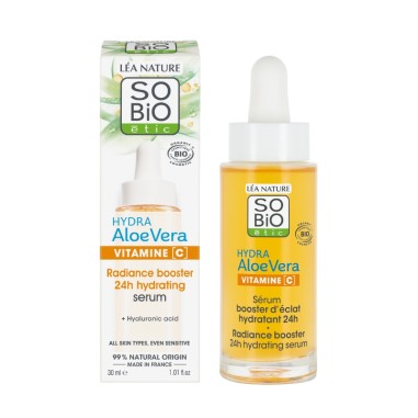 Sérum facial radiante SO’BiO étic potenciador de hidratación, caja y producto