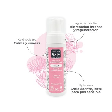 Infografia de Espuma limpiadora Suave rosa & caléndula NaturaBIO Cosmetics