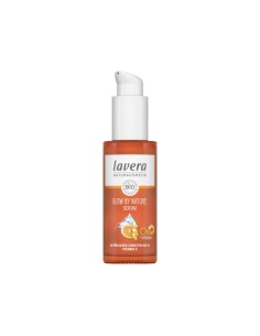 Sérum facial Glow by Nature lavera con coenzima Q10 y vitamina C en frasco de vidrio ámbar con dosificador blanco 2