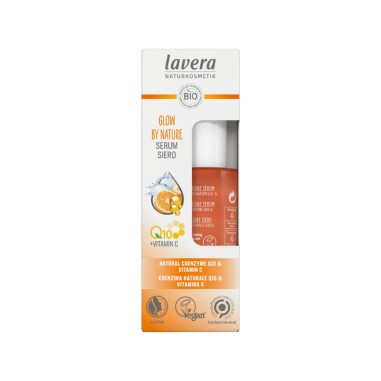 Sérum facial Glow by Nature lavera, vista lateral del frasco con etiquetas e indicaciones de uso Sérum facial Glow by Nature lavera, vista lateral del frasco con etiquetas e indicaciones de uso