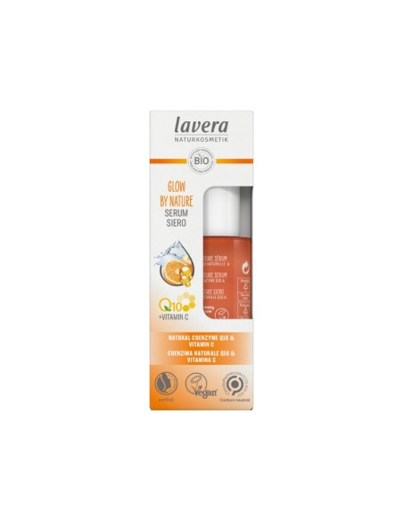 Sérum facial Glow by Nature lavera, vista lateral del frasco con etiquetas e indicaciones de uso Sérum facial Glow by Nature lavera, vista lateral del frasco con etiquetas e indicaciones de uso