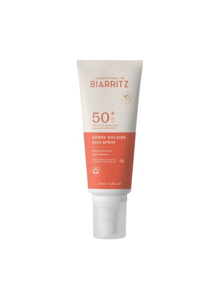 Protección solar natural cara y cuerpo SPF50+ en spray de100 ml de Laboratoires de Biarritz disponible en NaturaBIO Cosmetics. Protección solar natural cara y cuerpo SPF50+ en spray de100 ml de Laboratoires de Biarritz disponible en NaturaBIO Cosmetics.