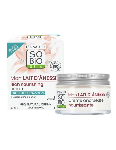 Crema facial nutritiva rica leche de burra SO’BiO étic con manteca de karité Bio.