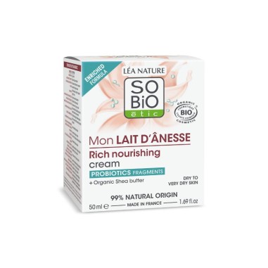 Envase de la crema facial rica leche de burra SO’BiO étic con probióticos y karité Bio.