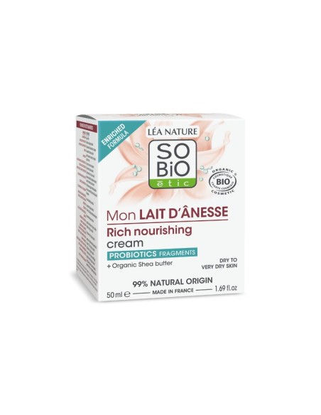 Envase de la crema facial rica leche de burra SO’BiO étic con probióticos y karité Bio.