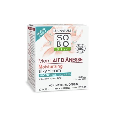 Envase de la crema facial sedosa leche de burra SO’BiO étic con probióticos Bio.