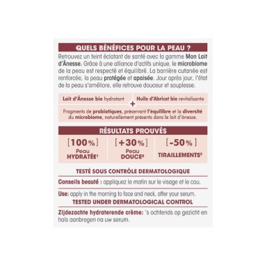 Ingredientes naturales de la crema facial sedosa leche de burra SO’BiO étic.