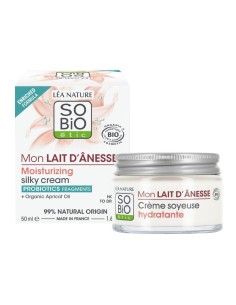 Crema facial hidratante sedosa leche de burra SO’BiO étic con aceite de albaricoque Bio.