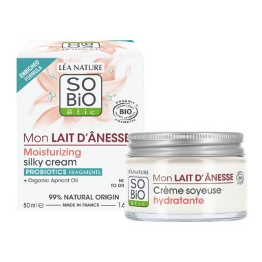 Crema facial hidratante sedosa leche de burra SO’BiO étic con aceite de albaricoque Bio.