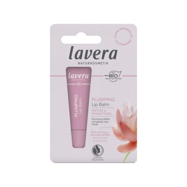 Bálsamo labial efecto volumen péptidos y peonía lavera en envase blister rosa con ilustración floral
