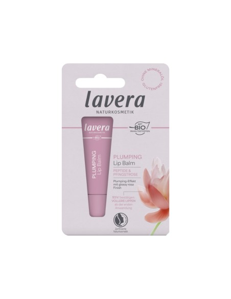 Bálsamo labial efecto volumen péptidos y peonía lavera en envase blister rosa con ilustración floral