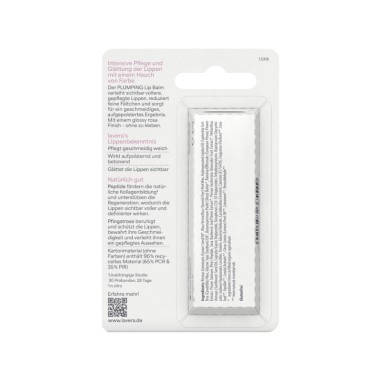 Parte trasera del bálsamo labial efecto volumen péptidos y peonía lavera con información del producto e ingredientes